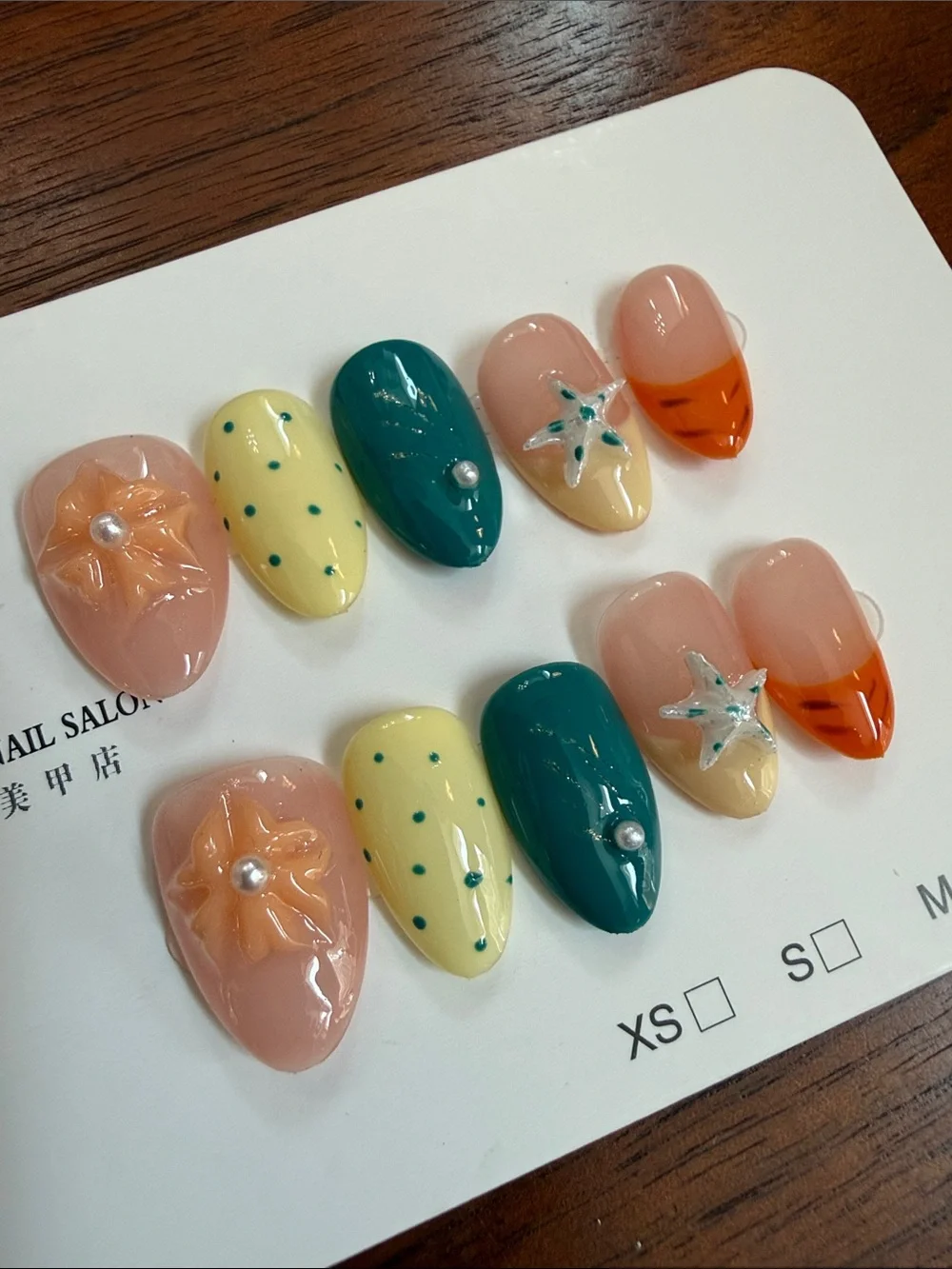 3D Summer Starfish Press-On Nails — Teal, Peach, Yellow, Orange short almond